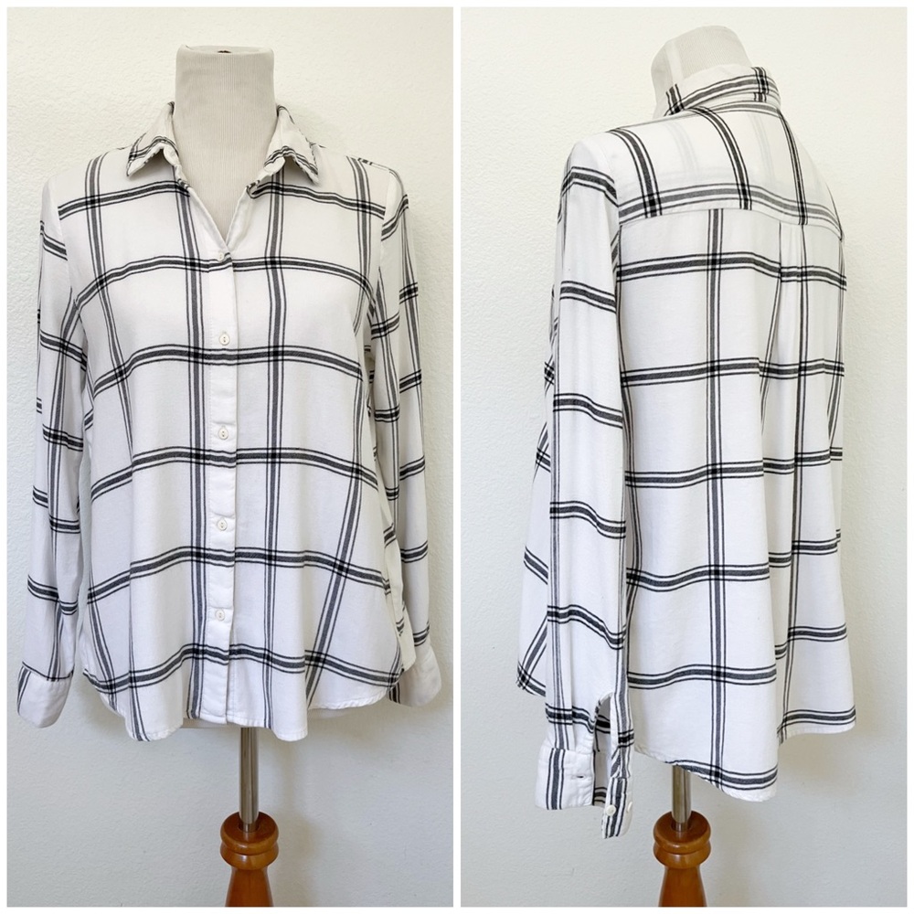 H&M - Off-White Lightweight Plaid Flannel Button Down Shirt | Women’s 6